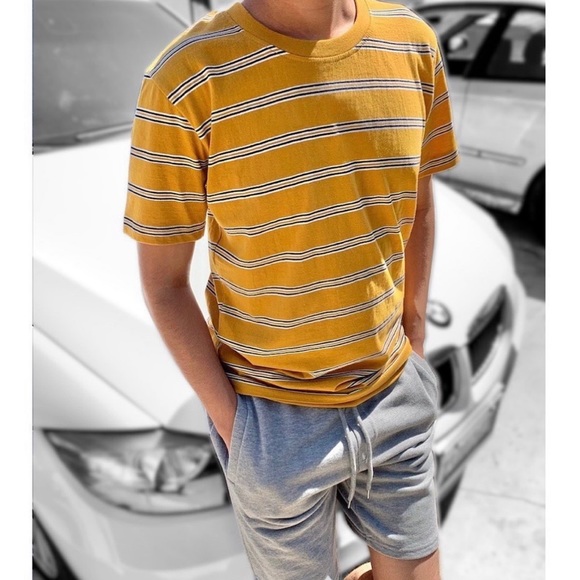 MENS MUSTARD YELLOW STRIPE T-SHIRT - Picture 3 of 3